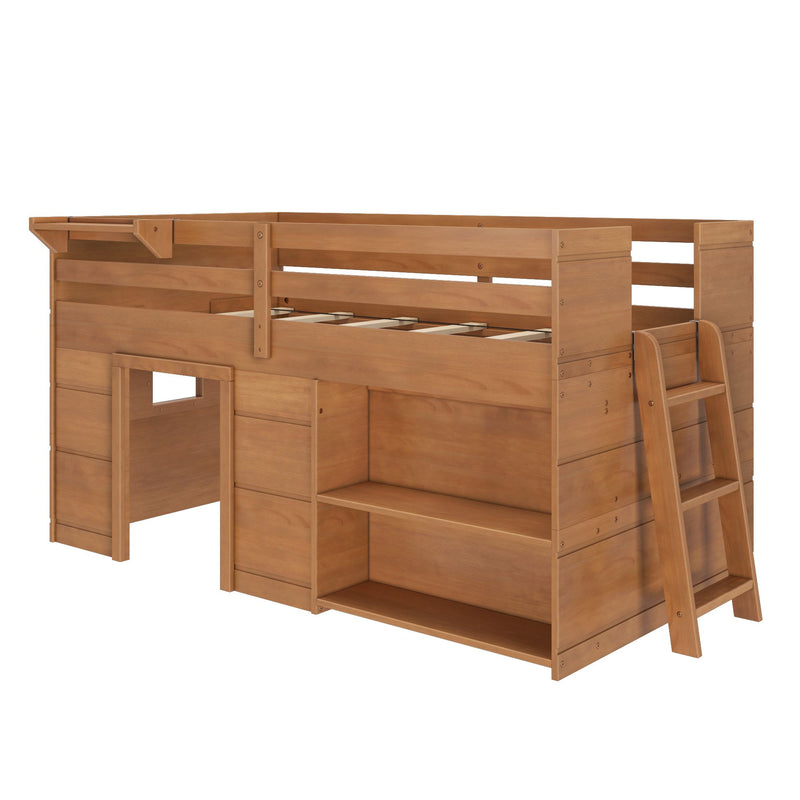 Wooden loft bed with built-in storage shelves and ladder for kids' room.