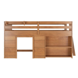 Wooden loft bed with built-in shelves for storage, ideal for space-saving bedroom furniture.
