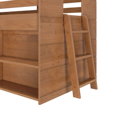 Wooden bunk bed with integrated ladder and storage shelves.