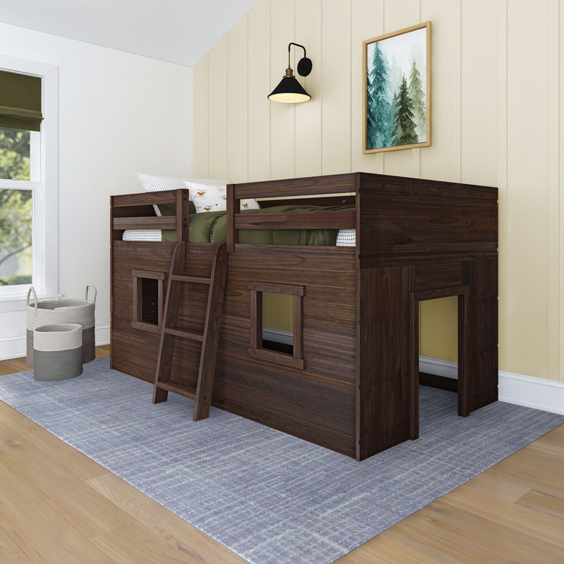 Dark wood loft bed in modern children's room with ladder and play area.