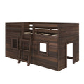 Dark walnut solid wood kids loft bed with ladder and playhouse-style lower play area, twin loft bunk bed for children's bedroom