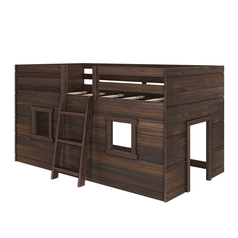 Dark walnut solid wood kids loft bed with ladder and playhouse-style lower play area, twin loft bunk bed for children's bedroom