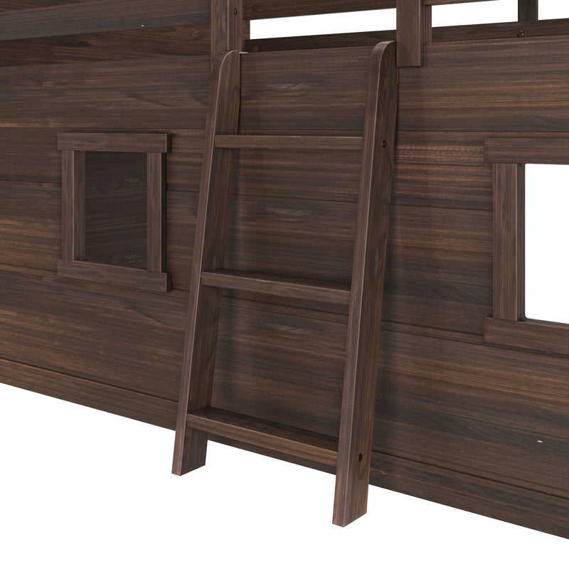 Wooden playhouse ladder with dark finish attached to a wall.