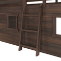 Close-up of a dark walnut wooden loft bed ladder and wall panels highlighting rich wood grain, ladder rungs, and handcrafted finish