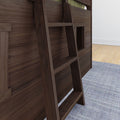 Close-up of dark walnut wooden ladder attached to a loft bunk bed with built-in storage panels, hardwood floor and gray area rug