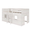 White wooden kids loft bed with ladder and safety guardrails, playhouse-style top bunk featuring window cutouts and open play space underneath
