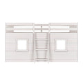 Whitewashed wooden children's loft bed playhouse with center ladder and two window openings