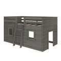 Grey wooden loft bed playhouse with ladder, upper guardrails and lower playhouse area in a rustic gray finish