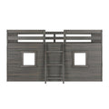 Gray wooden loft bed playhouse headboard with built-in ladder and two rectangular windows, rustic weathered finish for kids bedroom