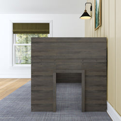 Rustic wooden dog crate furniture in stylish modern living room interior.