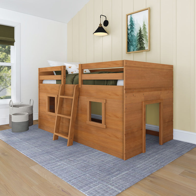 Children's wood loft bed with ladder in a cozy bedroom setting.