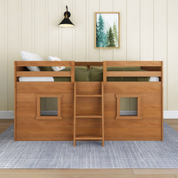Wooden loft bed with ladder and storage, perfect for maximizing space in a modern children's bedroom.