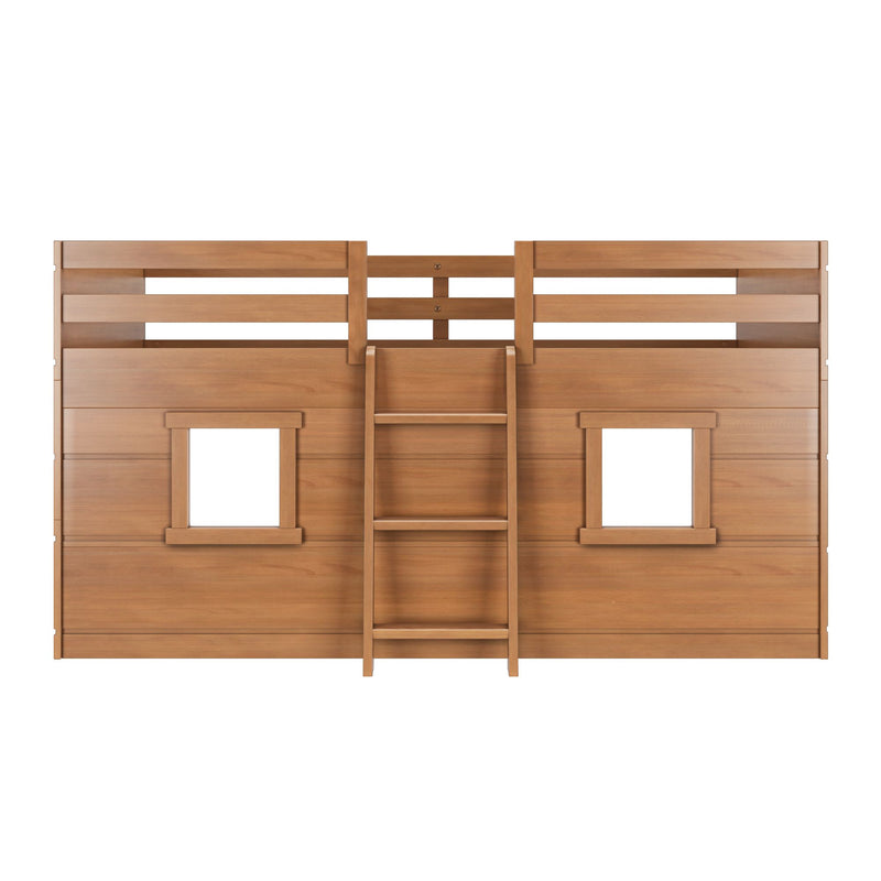 Wooden loft bed with ladder and windows.