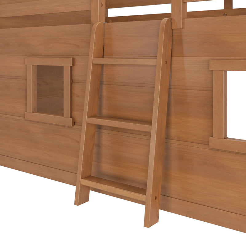 Wooden ladder attached to a wooden bunk bed with open window frames.