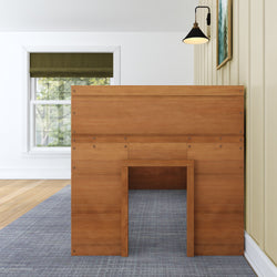 Elegant wooden bookcase in modern living room with window and sconce lighting.