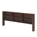 Dark walnut wooden storage headboard with built-in shelves and cubbies, wall-mounted bookshelf headboard for bedroom