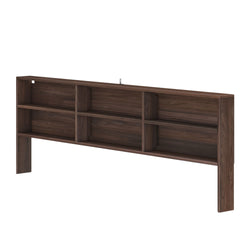 Dark walnut wooden headboard with built-in open shelves and cubbies for bedroom storage, organization and display