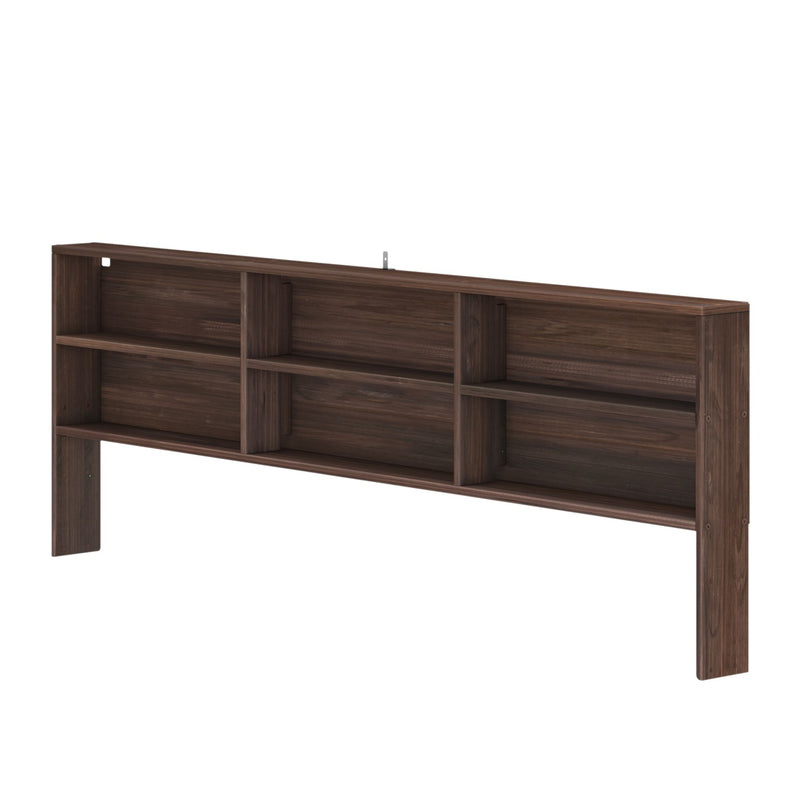 Dark walnut wooden headboard with built-in open shelves and cubbies for bedroom storage, organization and display
