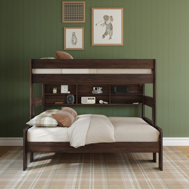 Dark walnut bunk bed with built-in shelves and storage against green paneled wall in cozy kids' bedroom with neutral bedding and plaid rug