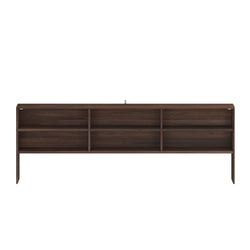Dark walnut wooden headboard with six built-in open shelves for bedroom storage, modern wall-mounted shelf headboard in dark brown finish