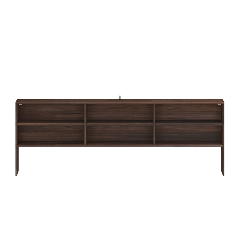 Dark walnut wooden headboard with six built-in open shelves for bedroom storage, modern wall-mounted shelf headboard in dark brown finish