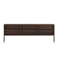 Dark walnut wooden headboard with six built-in open shelves for bedroom storage, modern wall-mounted shelf headboard in dark brown finish