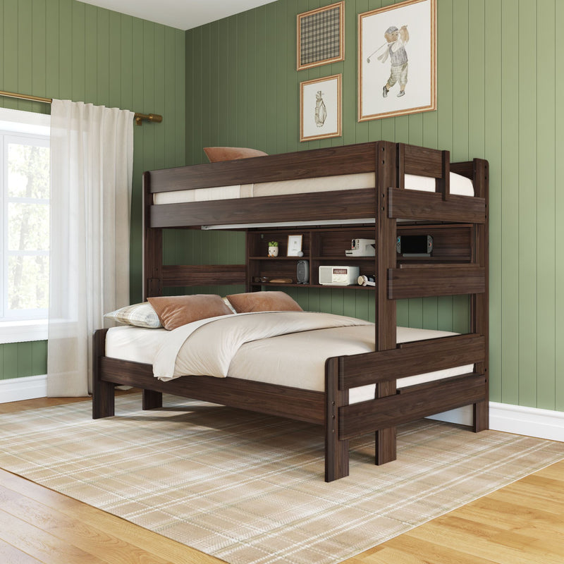 Dark walnut twin-over-full wooden bunk bed with built-in shelving, beige bedding and throw pillows in a green paneled bedroom with sheer curtains, plaid area rug and framed wall art