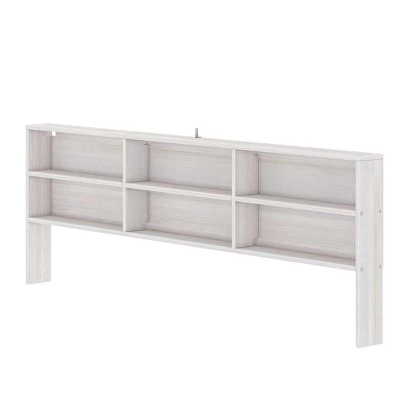 White wooden headboard with built-in open shelves and compartments for bedroom storage, bed bookshelf organizer