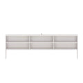 Modern white wood storage headboard with six open shelves and dividers, compact bedroom organizer for books and decor