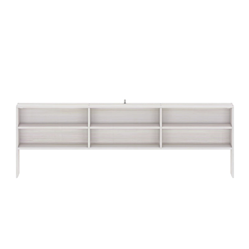 Modern white wood storage headboard with six open shelves and dividers, compact bedroom organizer for books and decor