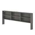 Gray wood headboard with six built-in open storage shelves — modern rustic bedroom storage and bookshelf headboard
