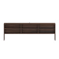 Modern dark walnut wood headboard with six open storage compartments and integrated mounting bracket, a storage headboard for bedroom furniture and shelving for books and decor