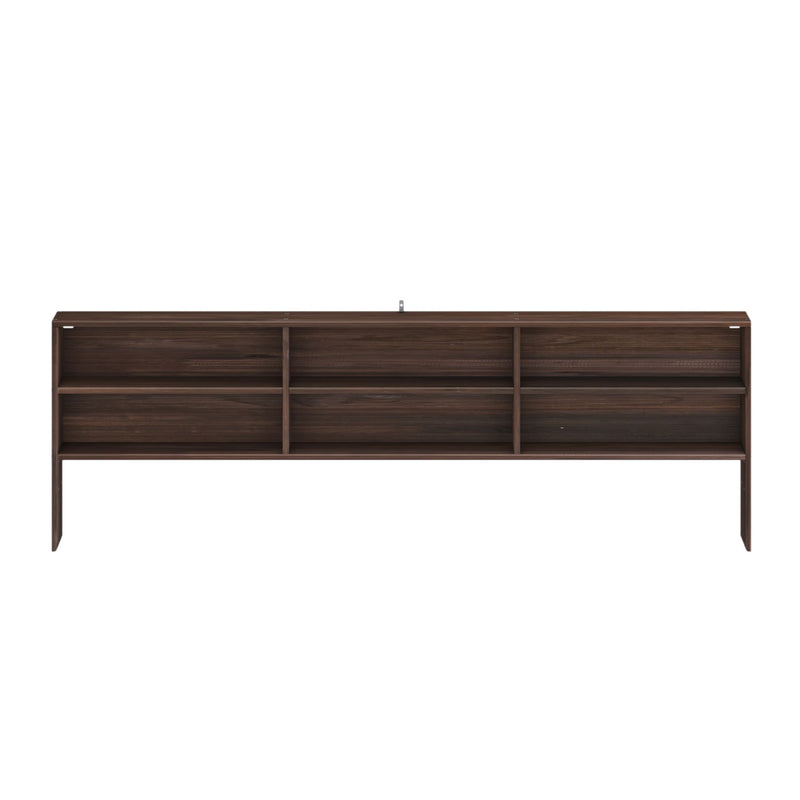 Modern dark walnut wood headboard with six open storage compartments and integrated mounting bracket, a storage headboard for bedroom furniture and shelving for books and decor