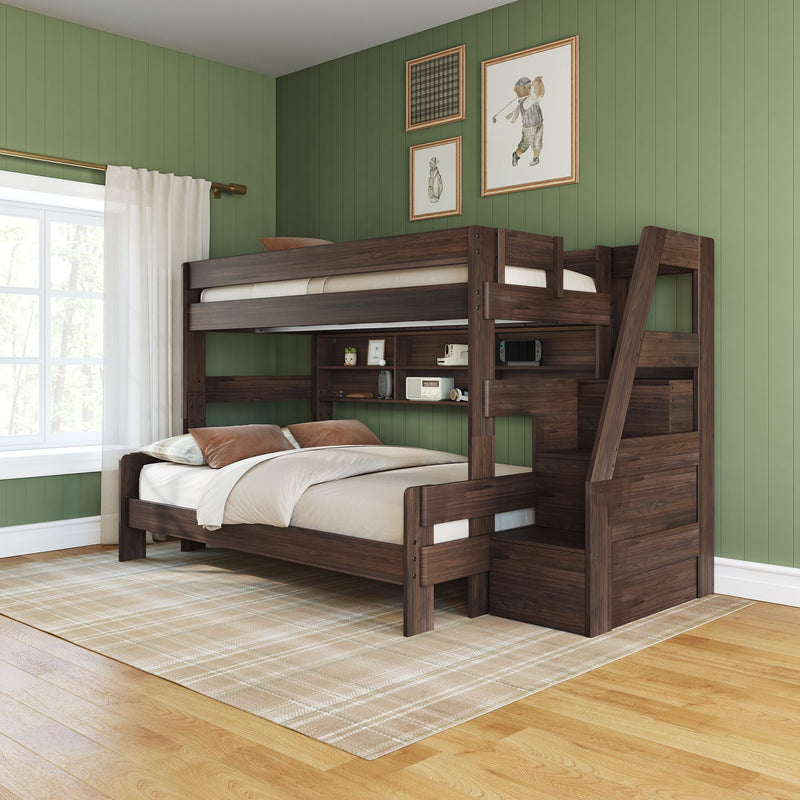 Dark walnut twin-over-full bunk bed with built-in storage stairs and shelves in a green-paneled bedroom with large window, plaid rug, and hardwood floors