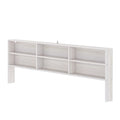 White wooden wall-mounted headboard with built-in open shelves for bedside storage, farmhouse-style bedroom furniture