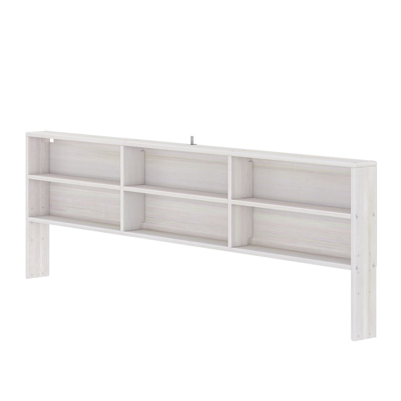 White wooden wall-mounted headboard with built-in open shelves for bedside storage, farmhouse-style bedroom furniture