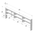 Wall-mounted headboard shelf diagram showing dimensions 80" (203 cm) wide x 26" (67 cm) high with three 26" (65 cm) compartments, 5" (13 cm) depth and 7" (18 cm) shelf spacing