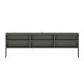 Modern gray wood headboard with six open shelves for bedroom storage, minimalist bookshelf-style design for bed organization