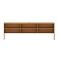 Mid-century modern walnut wood headboard with six open storage compartments, slim-leg bookshelf headboard for bedroom storage