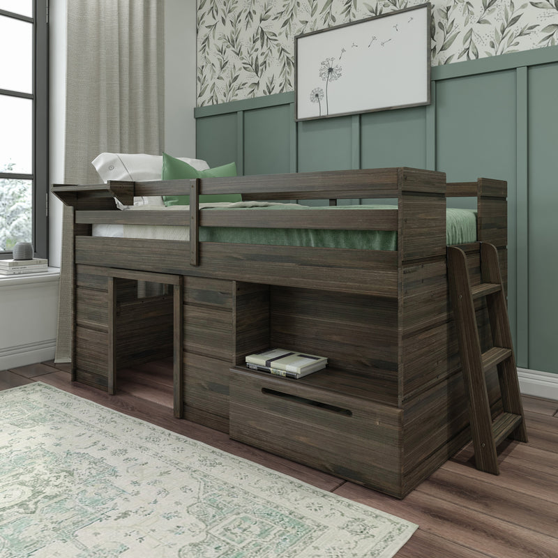 Mid-century modern loft bed with storage and ladder in a stylish bedroom.