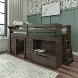 190020-181 : Loft Beds K/D Low Loft Bed w/ 1 drawer 7 slats w/ metal support bar, Barnwood Brown