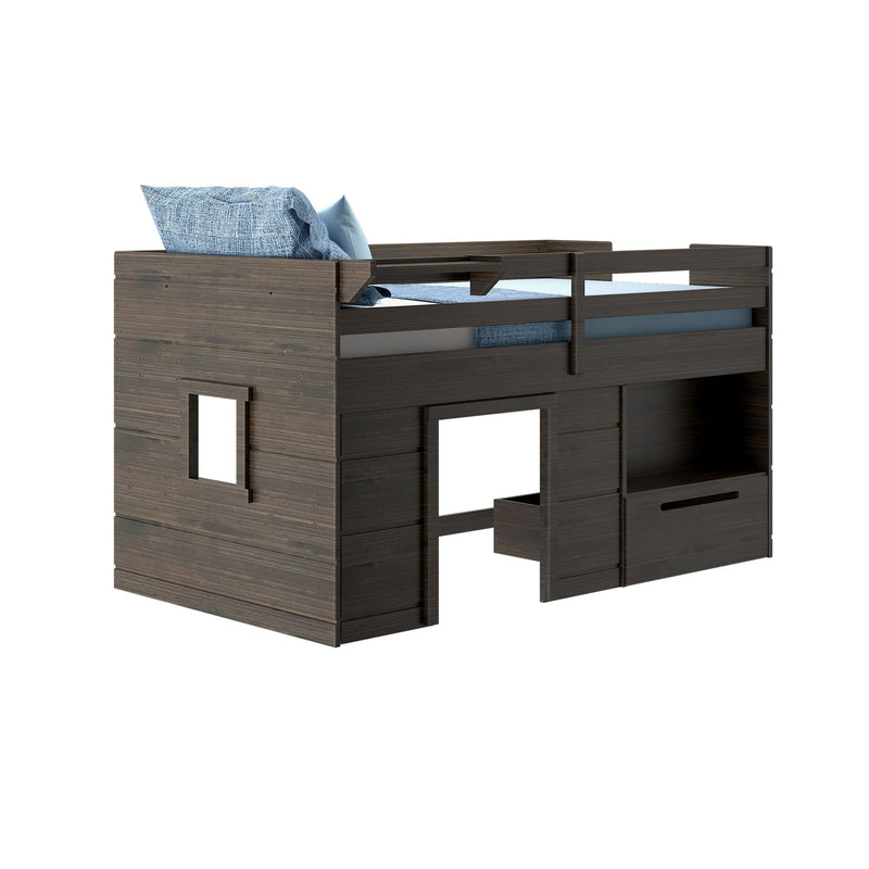 Dark wood loft bed with built-in storage drawers and blue bedding.