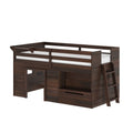 Dark walnut twin loft bed with ladder, safety rails, built-in storage drawer and open play/study area underneath for space-saving kids' bedroom