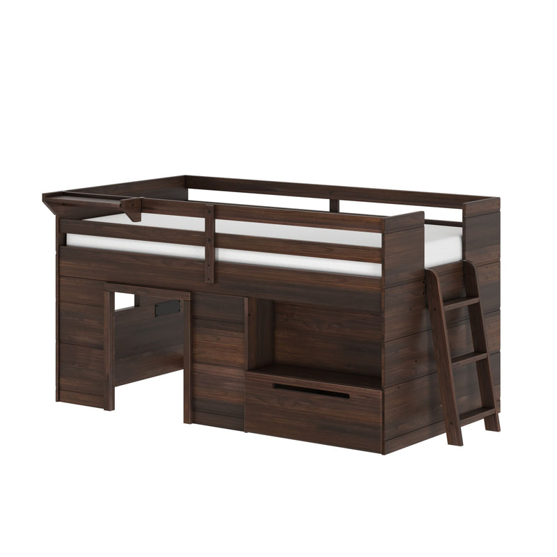 Dark walnut twin loft bed with ladder, safety rails, built-in storage drawer and open play/study area underneath for space-saving kids' bedroom