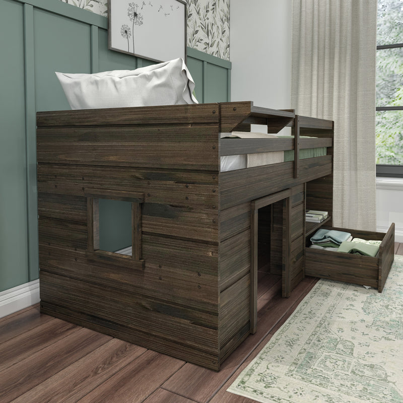 Wooden loft bed with storage drawers and cozy bedroom decor.