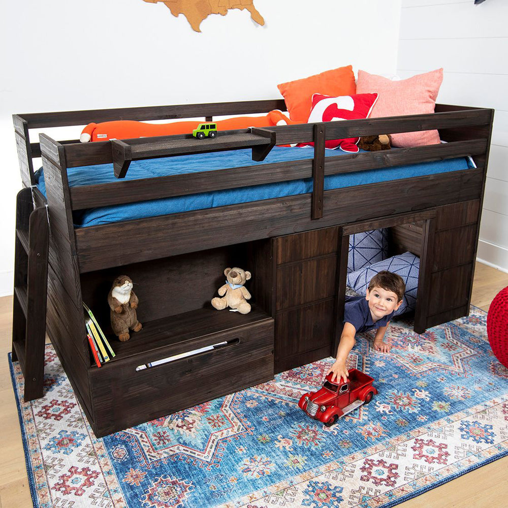 Child's loft bed with storage, navy bedding, and playful toy nook in cozy kids' room.