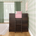 Dark wood children's loft bed with ladder and built-in storage, pink bedding, green gingham wallpaper and window with green curtains