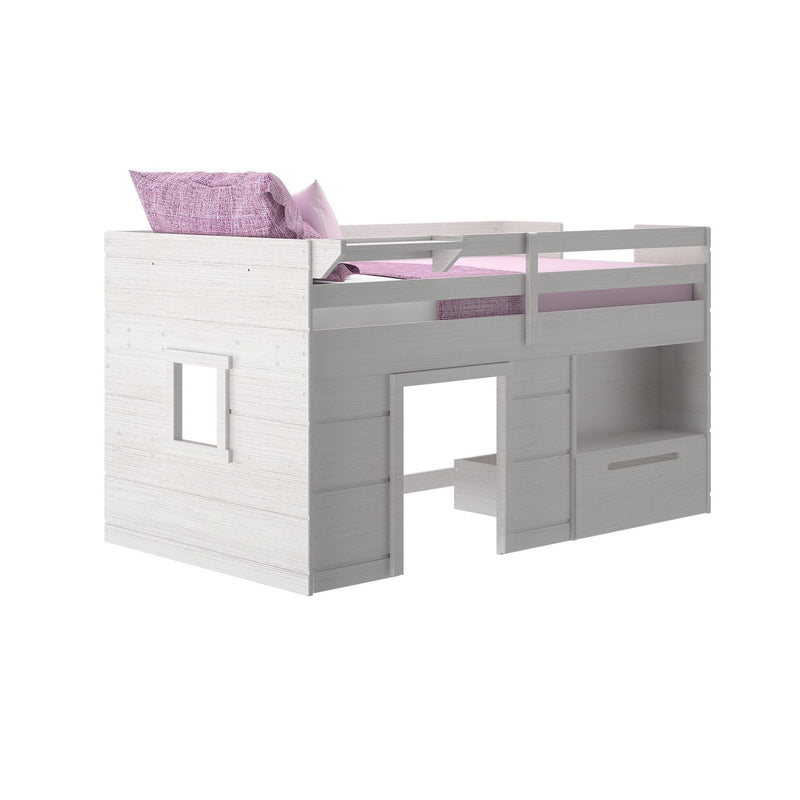 White kids loft bed with purple bedding and integrated storage drawers.