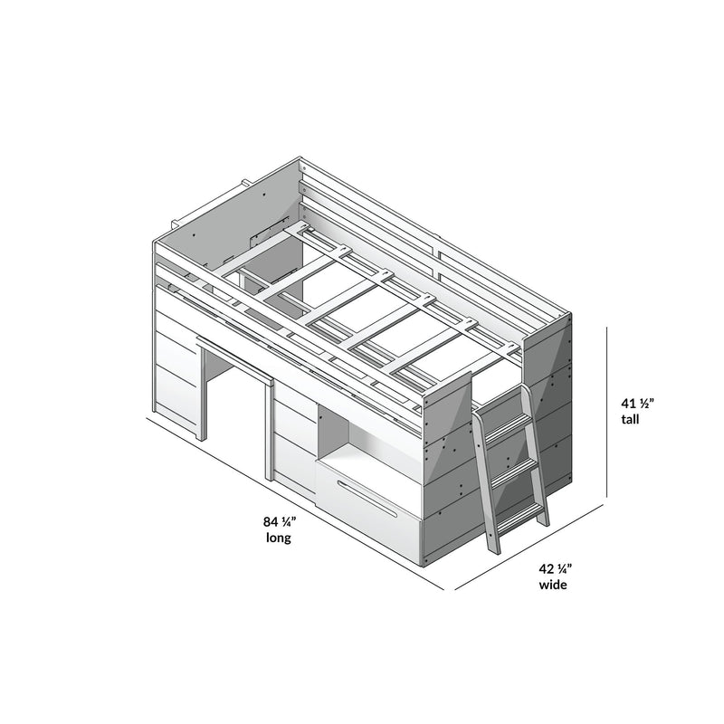 Detailed diagram of a loft bed structure with dimensions: 84 ¼ inches long, 42 ½ inches wide, and 41 ½ inches tall.