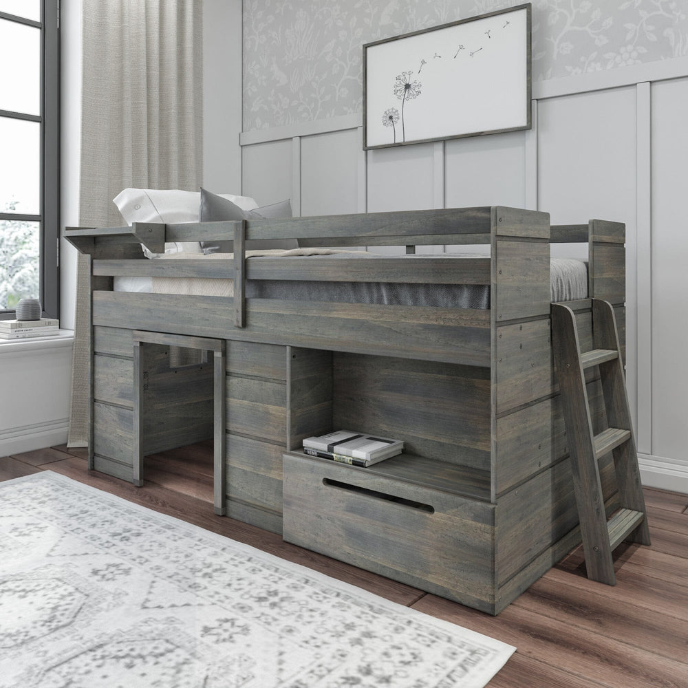 190020-185 : Loft Beds K/D Low Loft Bed w/ 1 drawer 7 slats w/ metal support bar, Driftwood